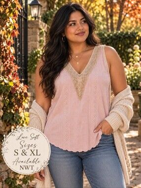 Lovesoft NWT Blush Pink Eyelet Crochet Trim  V-Neck Tank Top
